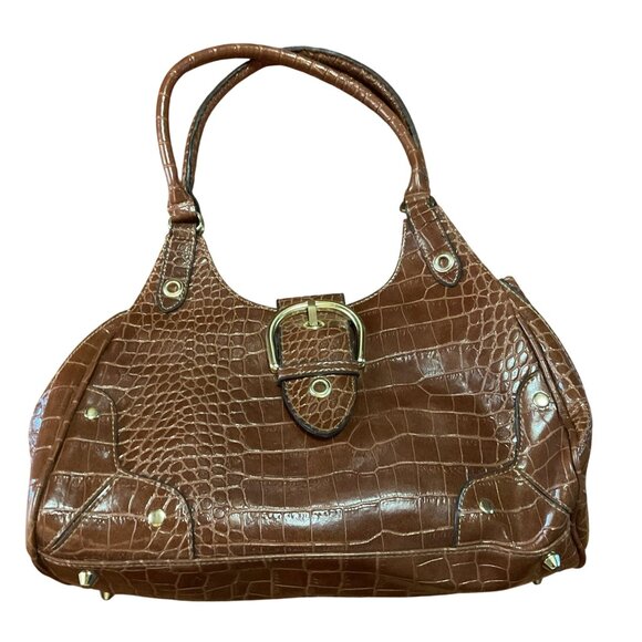 Vtg Y2K Brown Crocodile Embossed Leather Handbag Purse Satchel &  Wallet Set - Picture 2 of 10